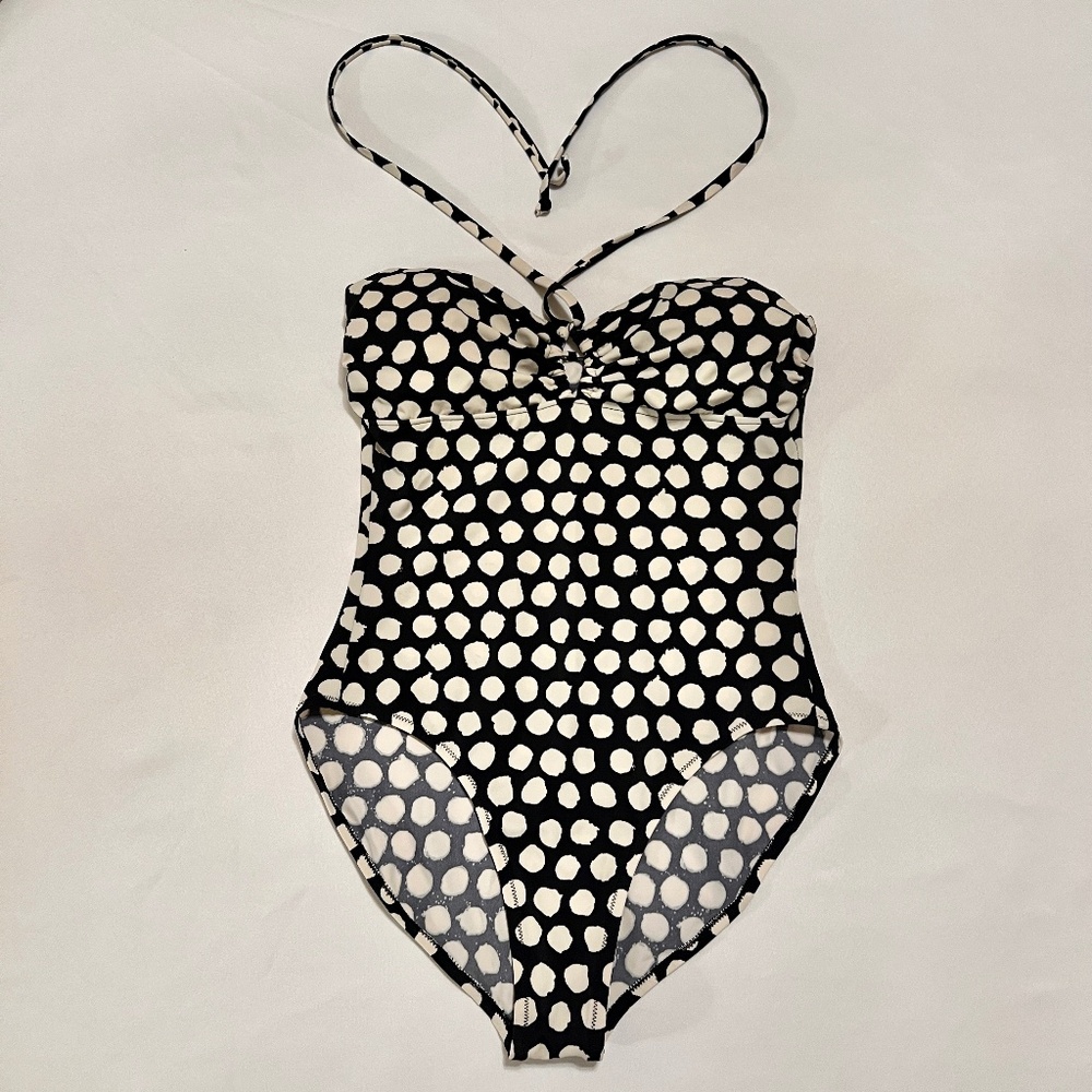 Norma Kamali Kulture Polkadot Halter One Piece Swimsuit Black White Sz L